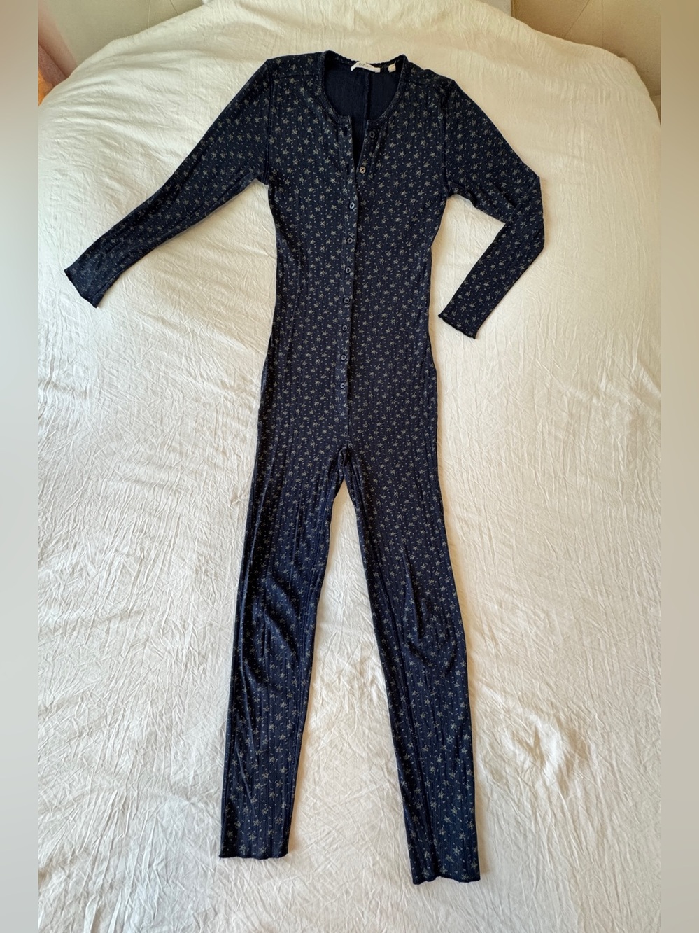 Doen Long Johns, XS, 100% Cotton, Navy Blue and Sage Florettes
